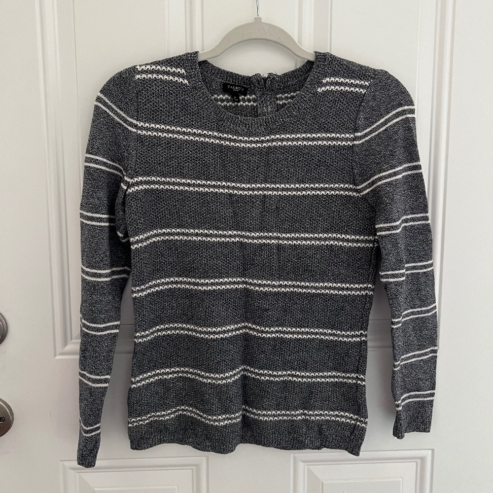 Talbots Striped Sweater Textured Knit Crew Neck Pullover Navy Blue/Grey